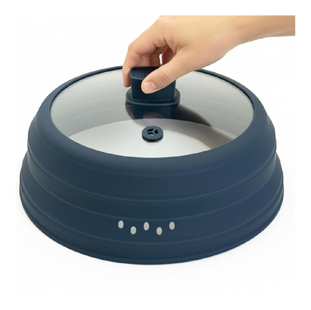 MicroOndes 25cm Cloche Cloche MicroOnde Verre 11 Sortie De Vapeur Silicone Et Verre Resistant Aux Temperatures Elevees Et Basses Pliable Poignee AntiBrulure Facile A Nettoyer Bleu