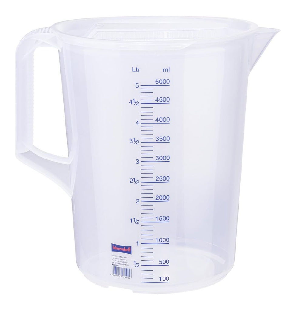 Gobelet doseur Hunersdorff 5L avec couvercle incassable ainsi que sans danger destine a les aliments PP poignee fermee 2 echelles transparent