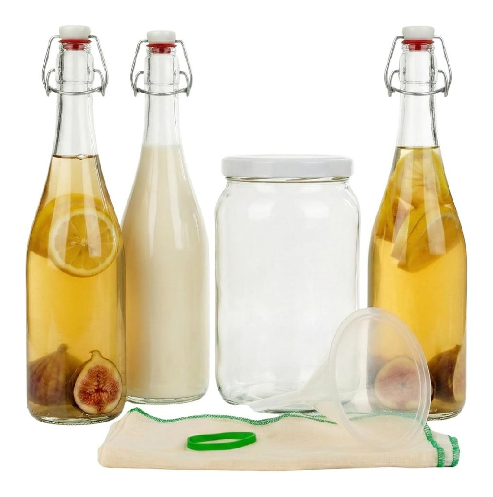 myFERMENTS Preparation Kit Boissons Probiotiques Set du Fermentation pour Biere Kefir Grands Bocaux en Verre de 2L 3 Bouteille de 750ml possedant Joint Hermetique Entonnoir 10cm Tissu Mousseline